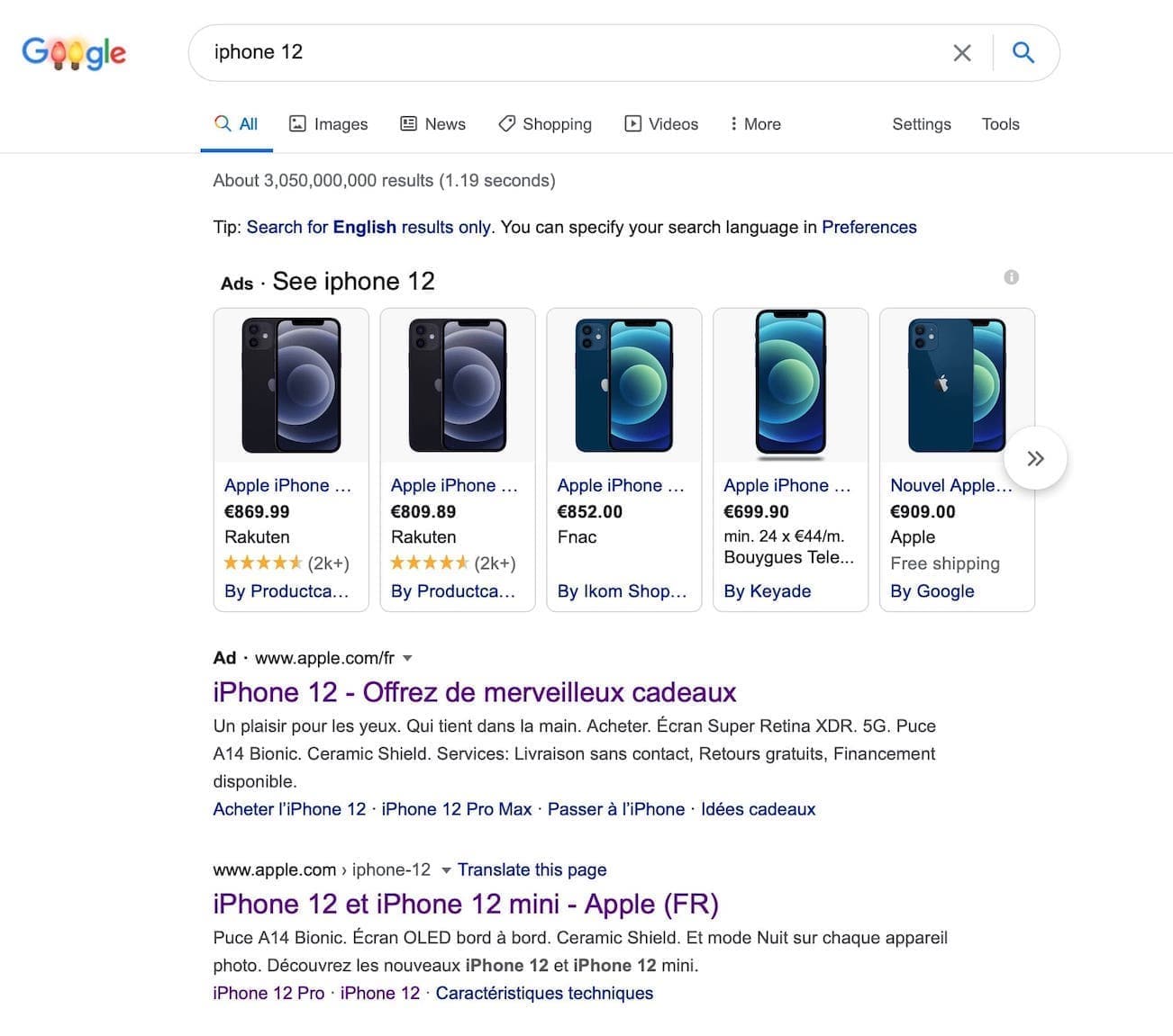 Google Ads mot cle iPhone 12
